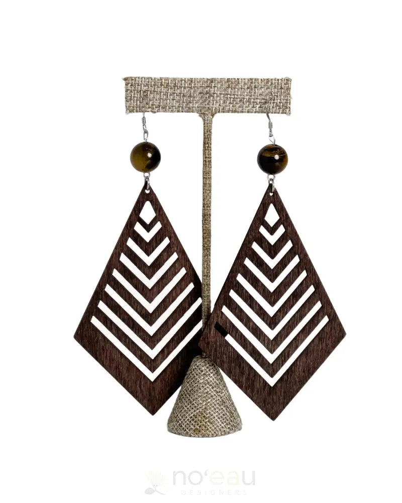 Ilihia Hawaii Llc - Large Wooden Rhomboid With Tigers Eye Bead Earring Jewelry