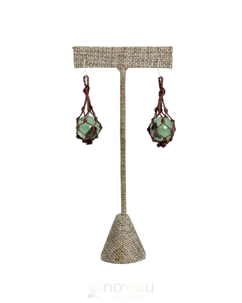 Ilihia Hawaii Llc - Medium Length Glass Floater Earring Brown Cord Green Glass Jewelry