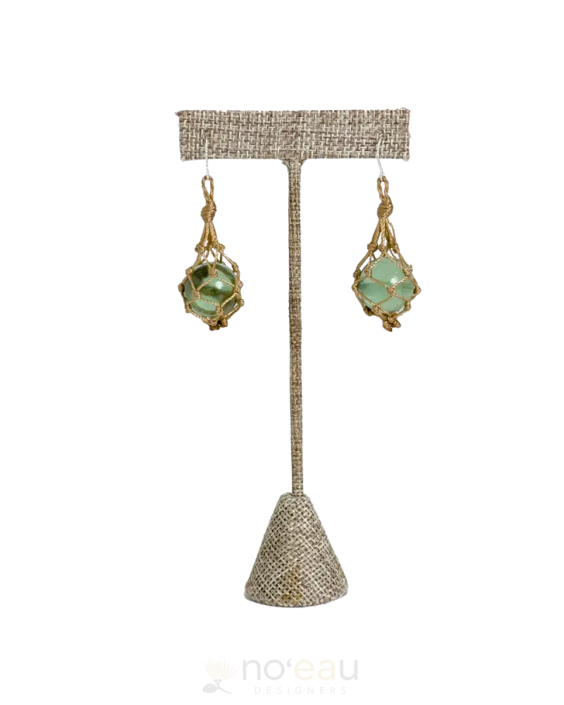 Ilihia Hawaii Llc - Medium Length Glass Floater Earring Tan Cord Green Glass Jewelry
