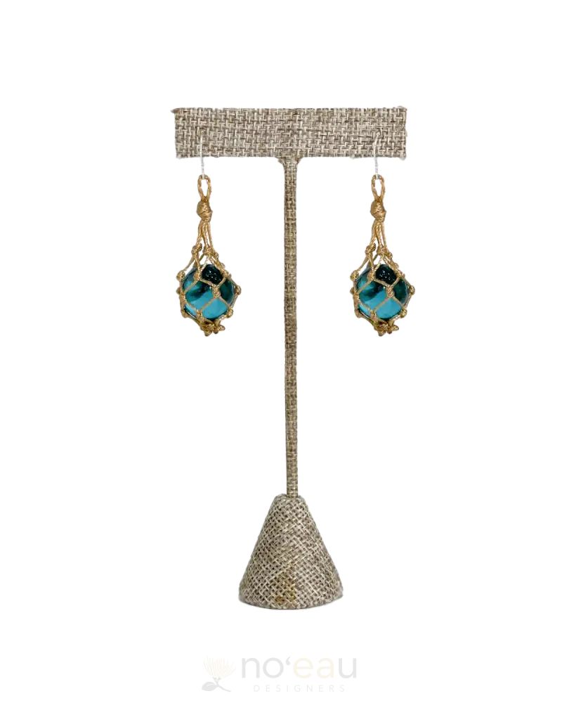 Ilihia Hawaii Llc - Medium Length Glass Floater Earring Tan Cord Teal Glass Jewelry