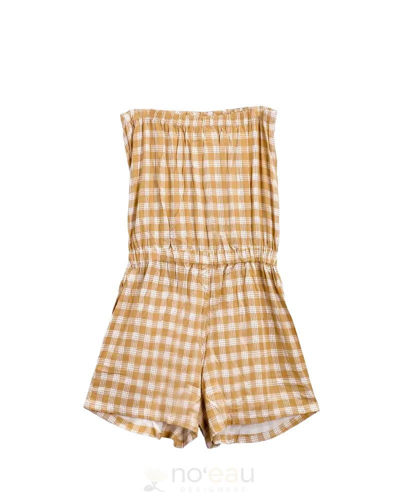 [Ki•Ele] - Keala Palaka Strapless Short Romper Xl / Tan Women’s Clothing