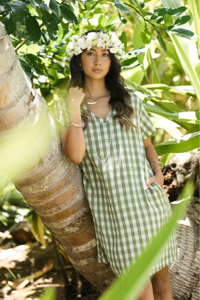 [KI•ELE] - Mya Palaka Olive Dress - Noʻeau Designers