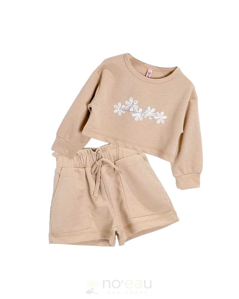 Noe X Kahiau - Aloha Tribal Flower Long Sleeve And Shorts Keiki Set Oatmeal / 2T Kid’s Clothing