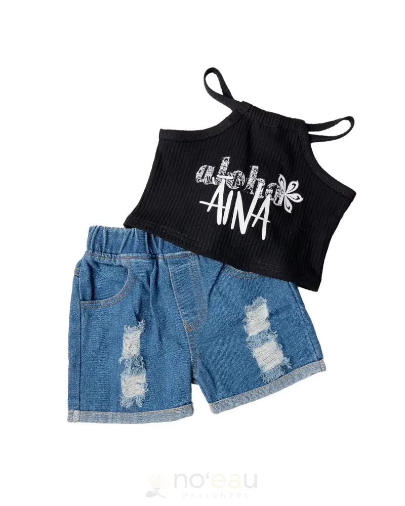 Noe X Kahiau - Black Crop Tank & Jeans Shorts W/Aloha Aina Set Kids Clothing