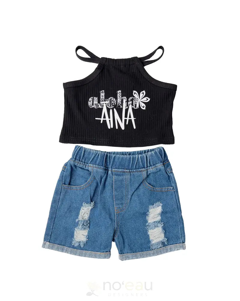 Noe X Kahiau - Black Crop Tank & Jeans Shorts W/Aloha Aina Set Kids Clothing