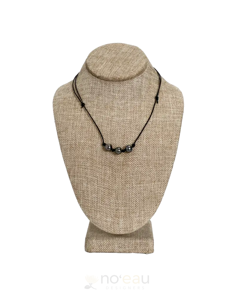 Noeau - Adjustable Triple Tahitian Pearl Black Leather Necklace Jewelry