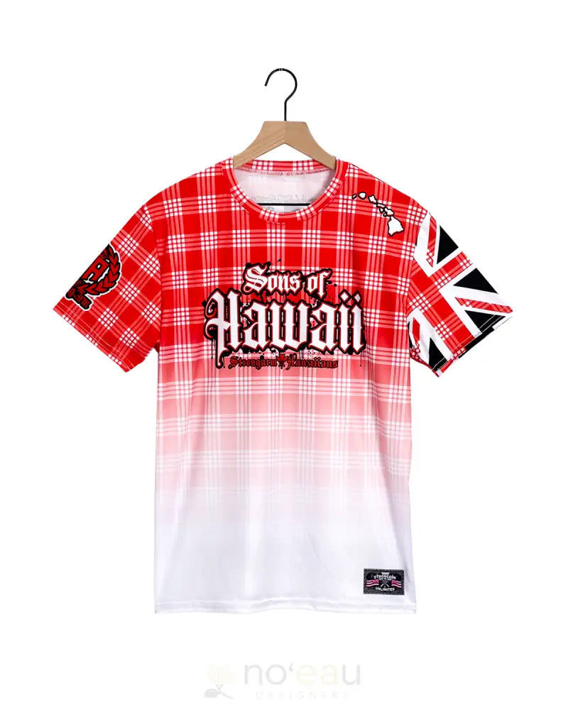 STRONGARM HAWAIIANS - Sons of Hawaii Red Palaka Sub Dye T-Shirt MEN’S CLOTHING
