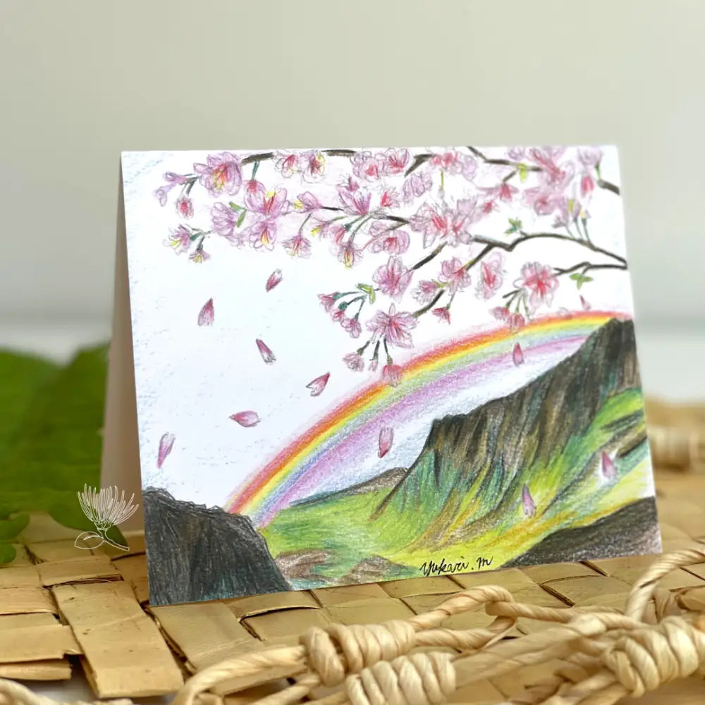 YUKARI'S ART - Waiʻanae Mountains & Sakura Greeting Card - Noʻeau Designers