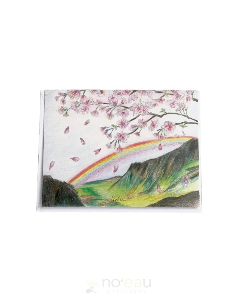 YUKARI'S ART - Waiʻanae Mountains & Sakura Greeting Card - Noʻeau Designers